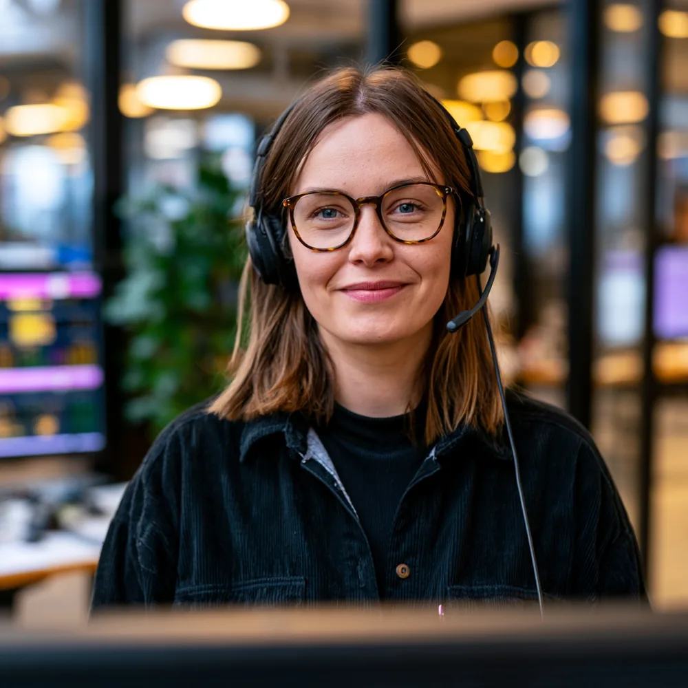 Reaktin asiakaspalvelija headsetillä — moderni teknologia tekee työstä sujuvaa